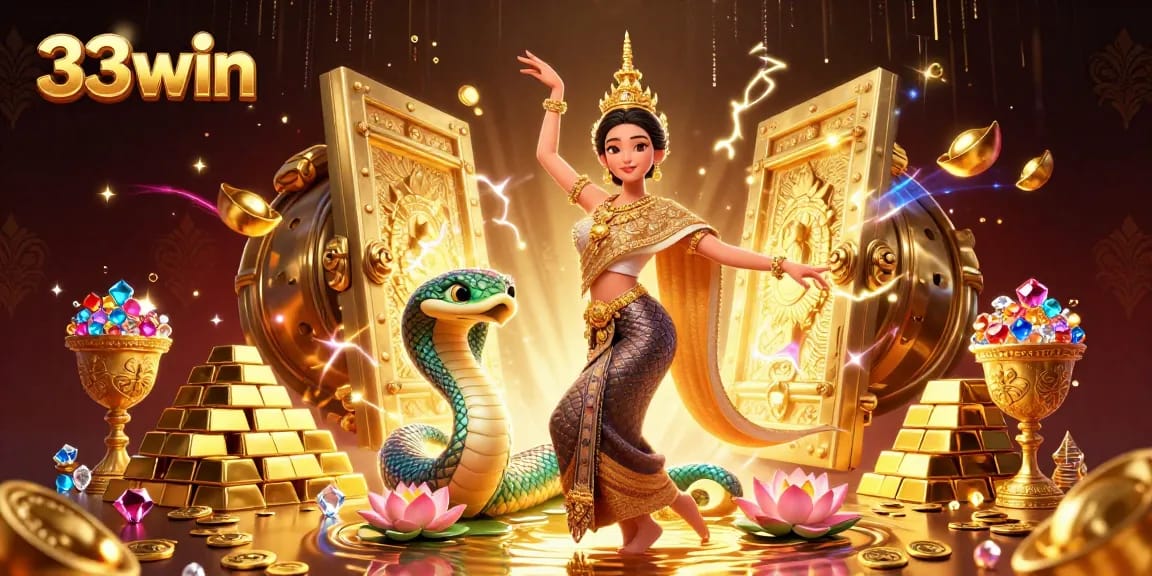 Spin the reels at 33win for extravagant rewards amidst gold treasures and vibrant casino elements.