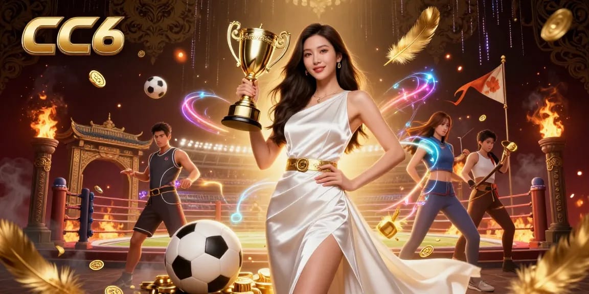 Experience the excitement of CC6 casino with vibrant sports betting and winning imagery.