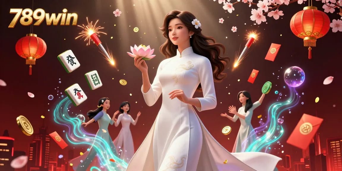 Engage with the vibrant online casino atmosphere of 789win, featuring a serene lady holding a golden coin and surrounded by dynamic casino elements.
