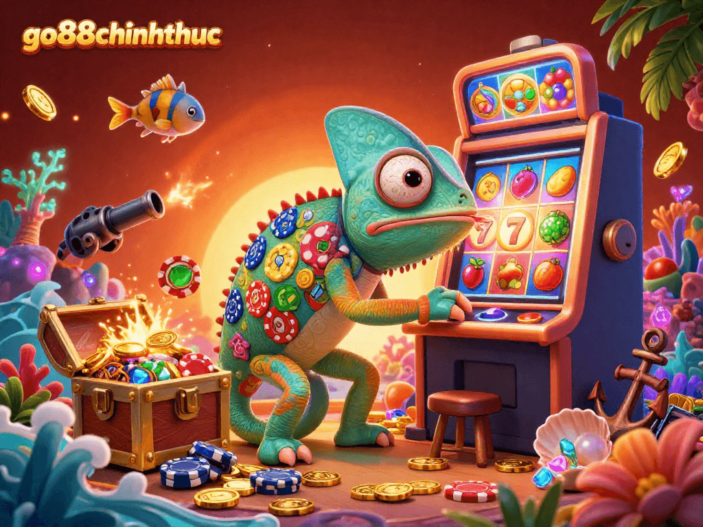 Experience vibrant gameplay at go88chinhthuc with colorful slot symbols and a chameleon casino owner.
