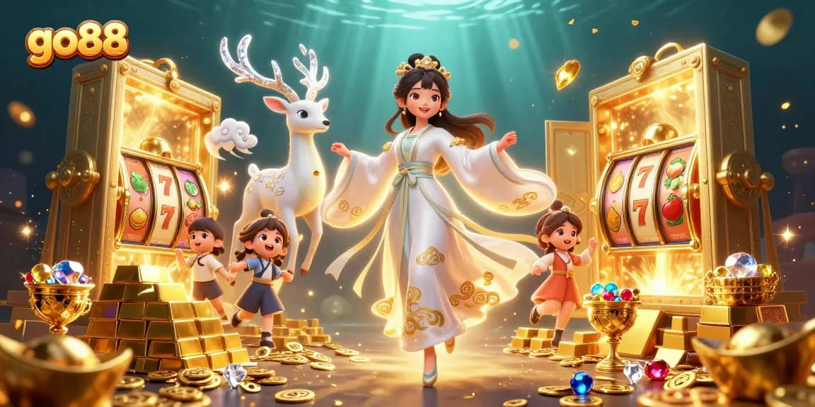 Join the excitement at go88 with a stunning casino scene featuring dynamic slot reels and treasures.