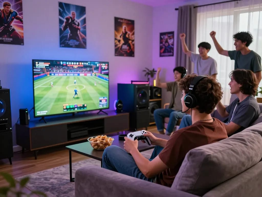 man88 sports gaming scene with friends enjoying a thrilling game