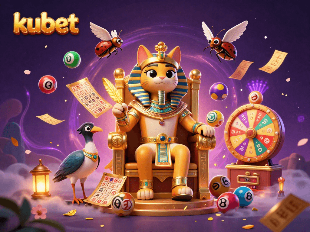 Engage with kubet through a vibrant lottery scene featuring Egyptian motifs and dynamic prizes.