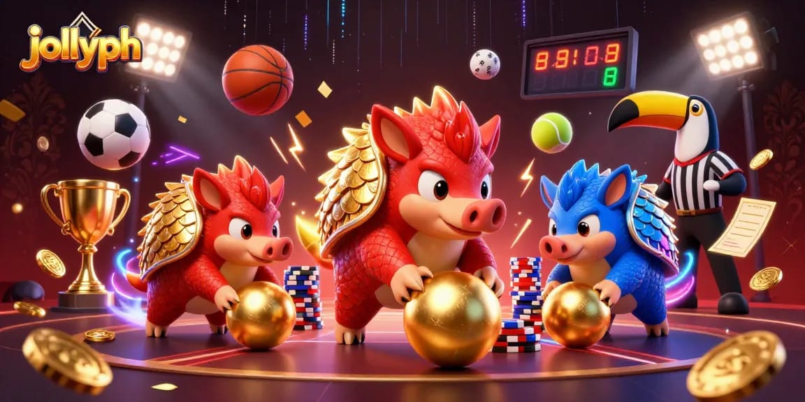 Compete on jollyph with rival pangolins bowling through poker chips and golden sports elements.
