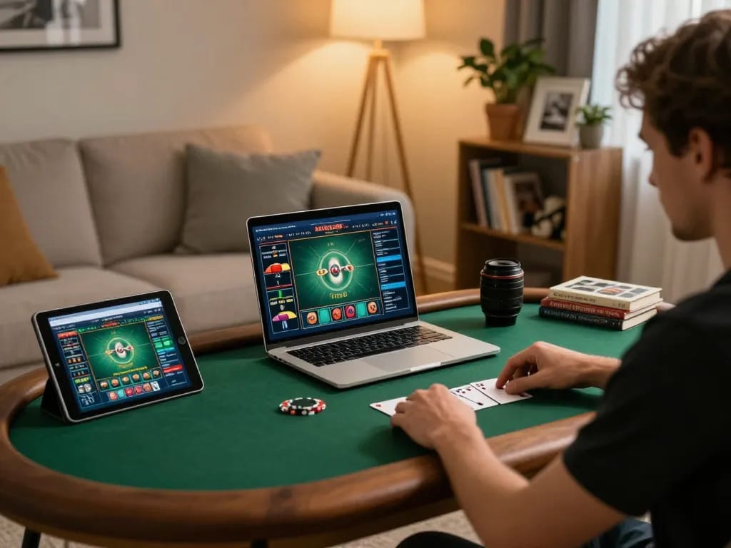 LC88 win during a thrilling online poker session, showcasing strategic gameplay in a cozy setting.