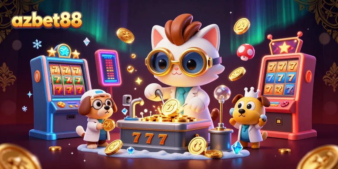 Win big at azbet88 with a vibrant 3D casino scene featuring slots and a mad scientist cat!