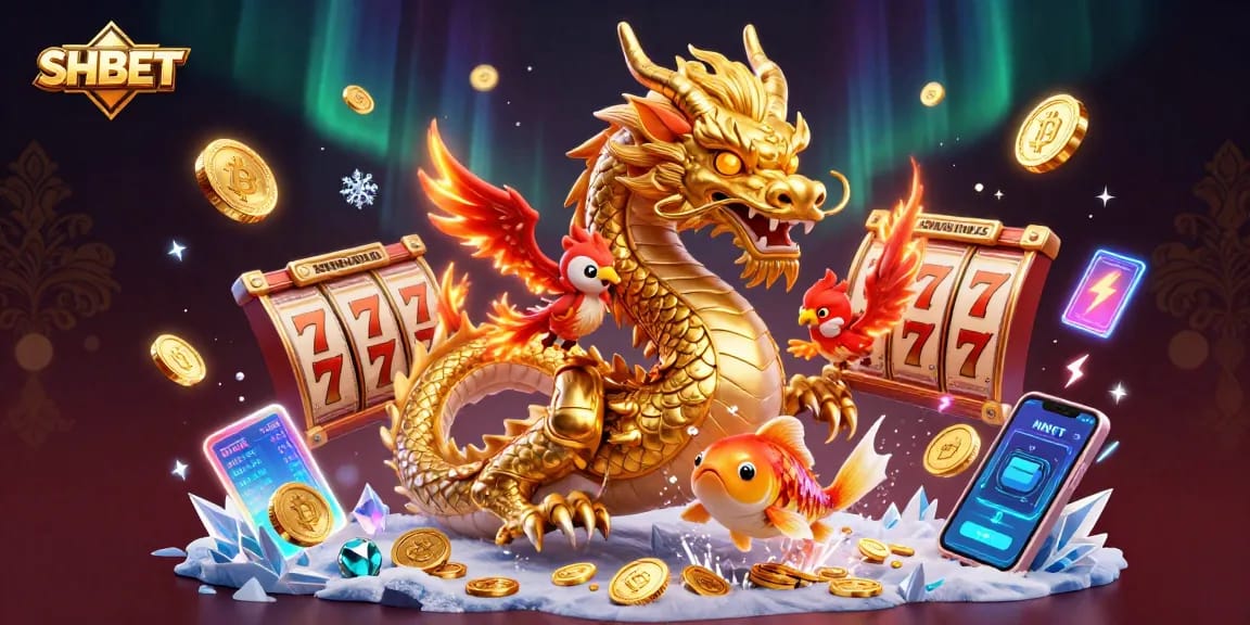 Engage with SHBET's vibrant casino world featuring a joyful dragon, phoenix, and koi fish amidst dynamic gaming elements.