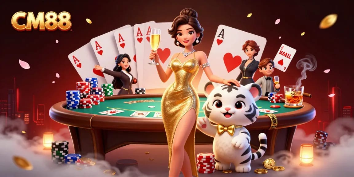 Experience thrilling gameplay at CM88 with a glamorous lady and a lucky tiger cub amidst rich casino elements.