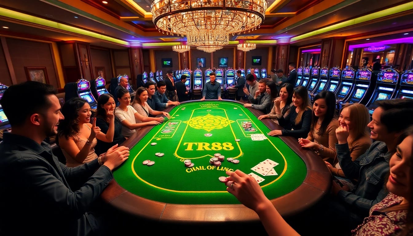 Players engage in high-stakes gambling at a TR88-themed casino table, surrounded by vibrant slot machines.