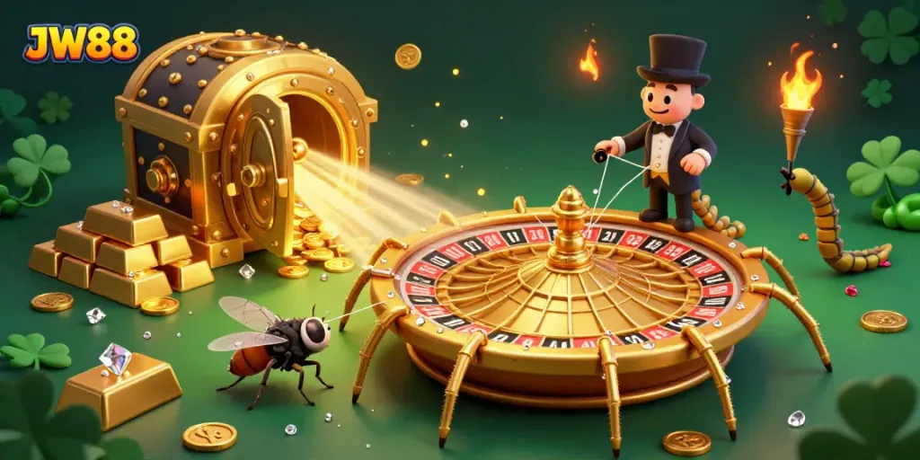 Engage with JW88's thrilling gaming experience featuring a golden spider spinning a roulette wheel web in a dazzling casino scene.