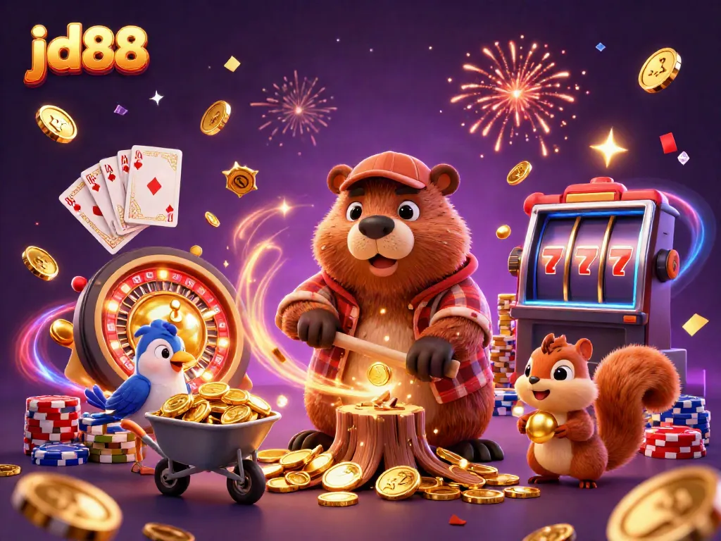 Experience big wins with jd88's vibrant casino adventure featuring a beaver, bird, and squirrel in a gold rain scene.