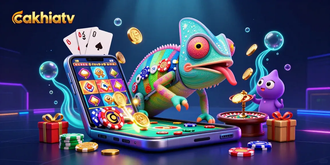 Cakhiatv chameleon casino owner with colorful poker chip body, watching games while capturing golden coins
