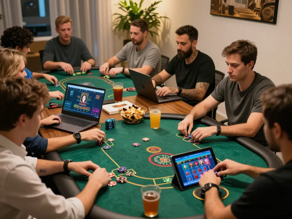 Players enjoying online gambling games with casino mb66 in a cozy home setting, showcasing strategy and excitement.