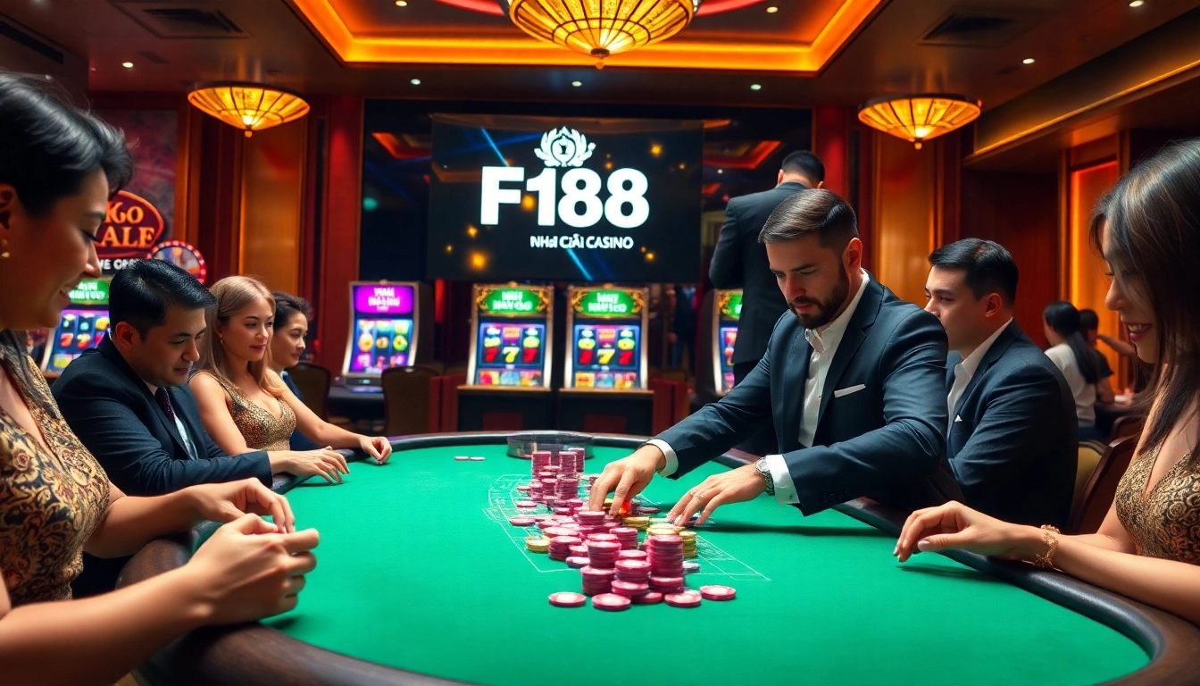 A dynamic casino scene showcasing players joyfully engaging with Nhà cái F168, featuring a vibrant gaming table and colorful poker chips.