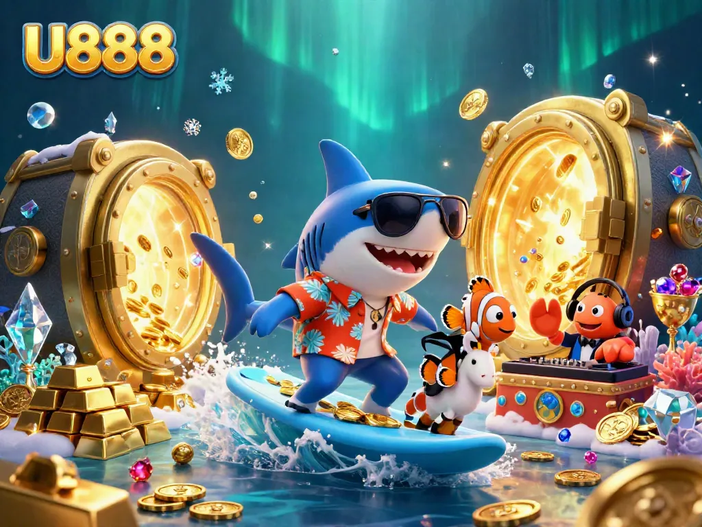 Experience U888's vibrant gambling scene with a cartoon shark surfing coins amidst treasures.