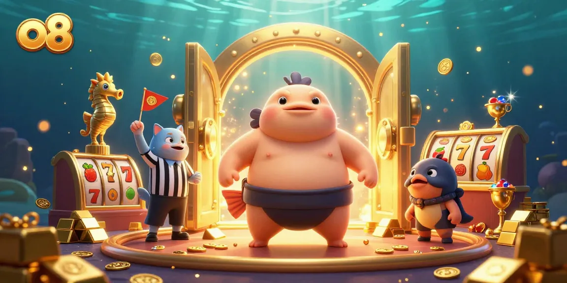 Experience thrilling slots and jackpots at o8 casino with captivating 3D underwater scene.