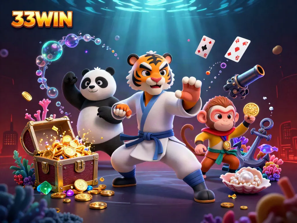 Hình ảnh 3D sống động mô tả 33WIN với nhân vật chính và các yếu tố vui nhộn từ casino