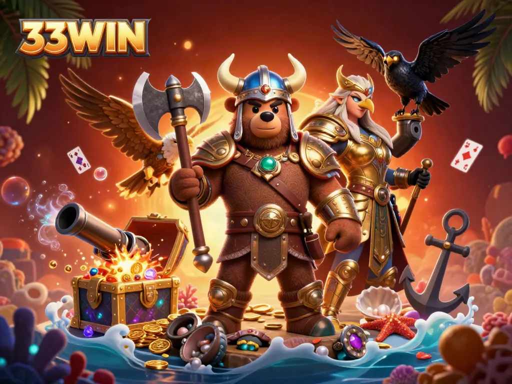 Engage in thrilling adventures with 33WIN at an exciting casino with dynamic characters and vibrant game elements.
