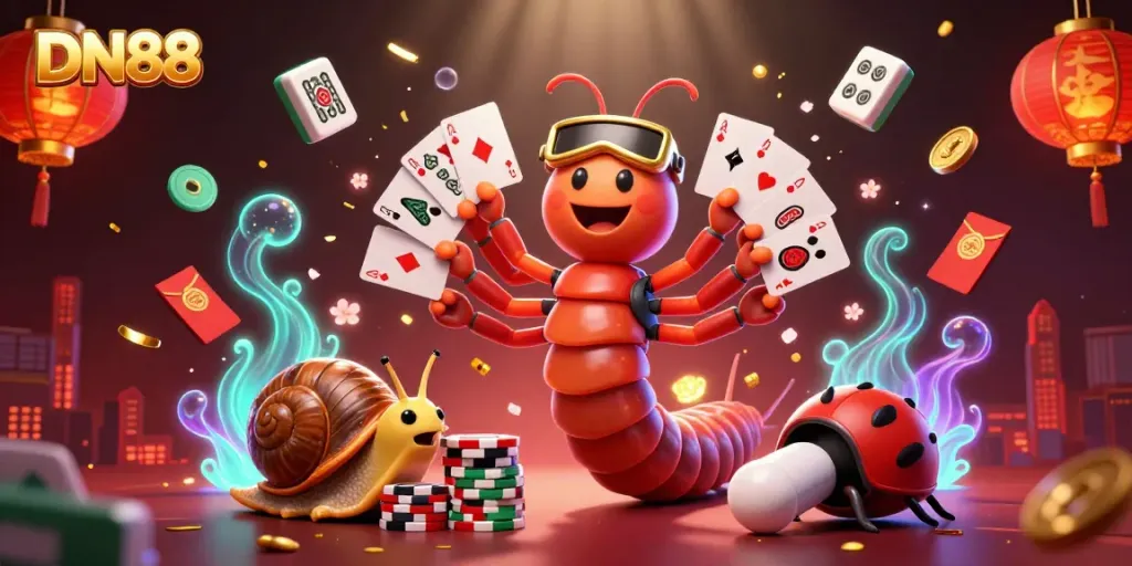 Experience the excitement of DN88 with lively characters and vibrant casino elements in a stunning 3D illustration.