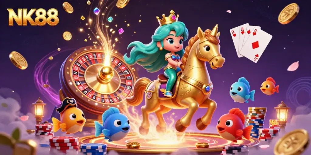 Experience the vibrant excitement of NK88's gaming scene with mermaids, seahorses, and dazzling casino elements.