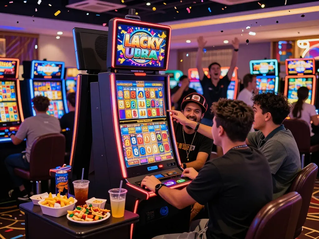 Exciting scene at a Lucky 88 slot machine in a vibrant casino with colorful graphics and players celebrating wins.