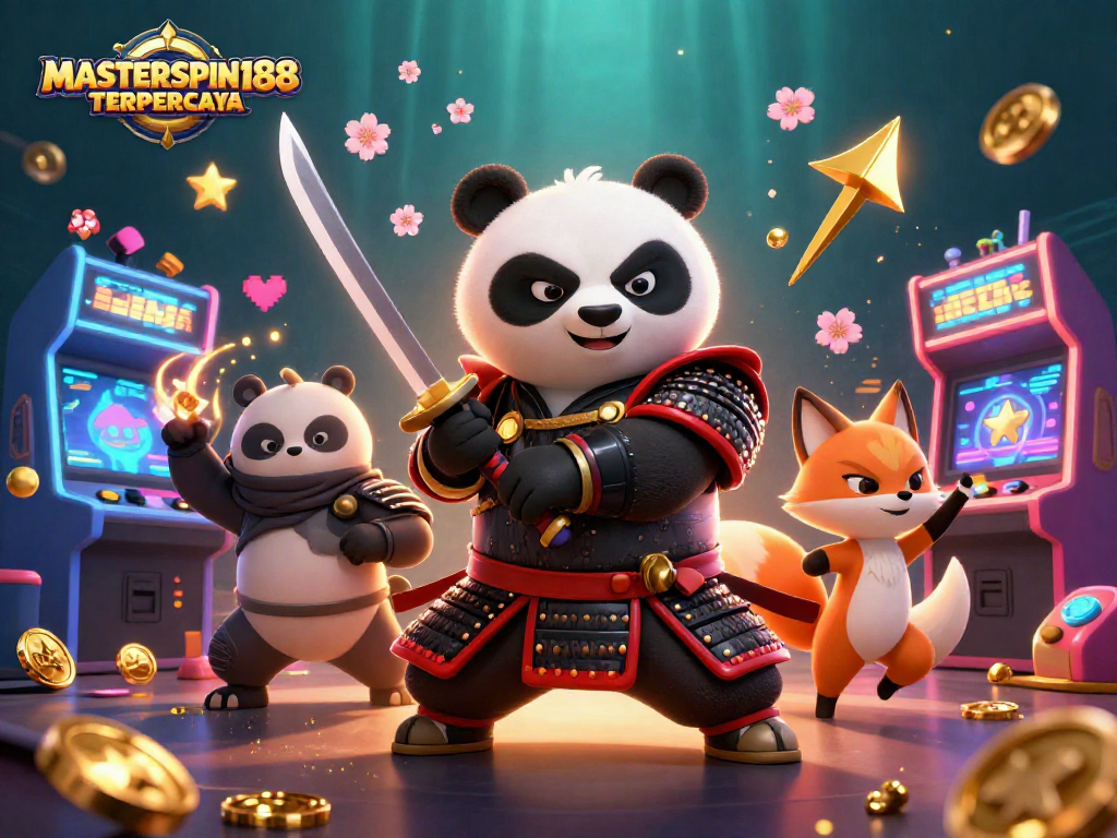 Experience the thrill of MASTERSPIN188 TERPERCAYA with vibrant 3D character action in a casino-themed illustration.