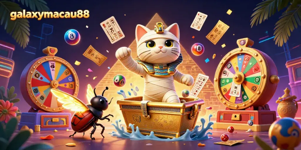 Engage with galaxymacau88's vibrant casino scene featuring a mummy cat, scarab, and floating cards.