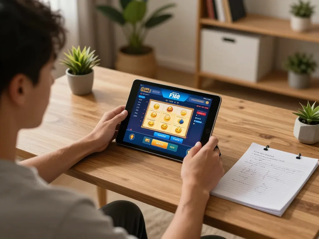 Player engaging with nhà cái F168 on a tablet, surrounded by strategy notes in a cozy home environment.
