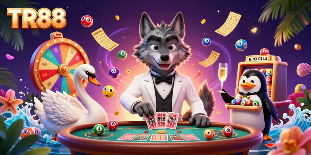 Experience excitement at TR88 with a debonair wolf, swan dealer, and penguin sommelier at a lively baccarat table.