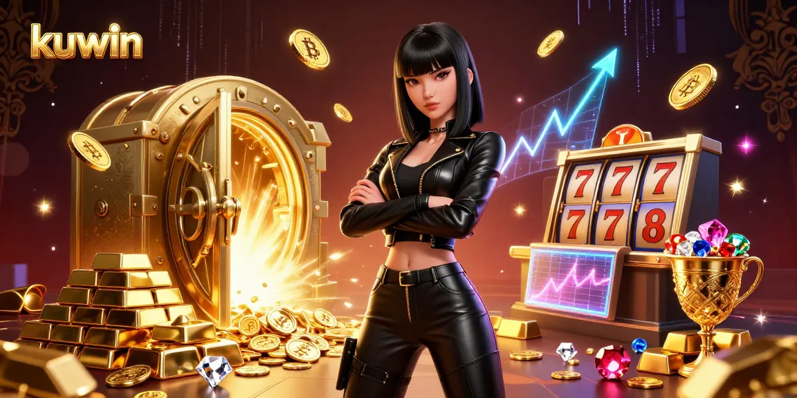 Kuwin showcases exciting online gambling with dynamic slots, crypto coins, and a powerful Asian female figure ready to win.