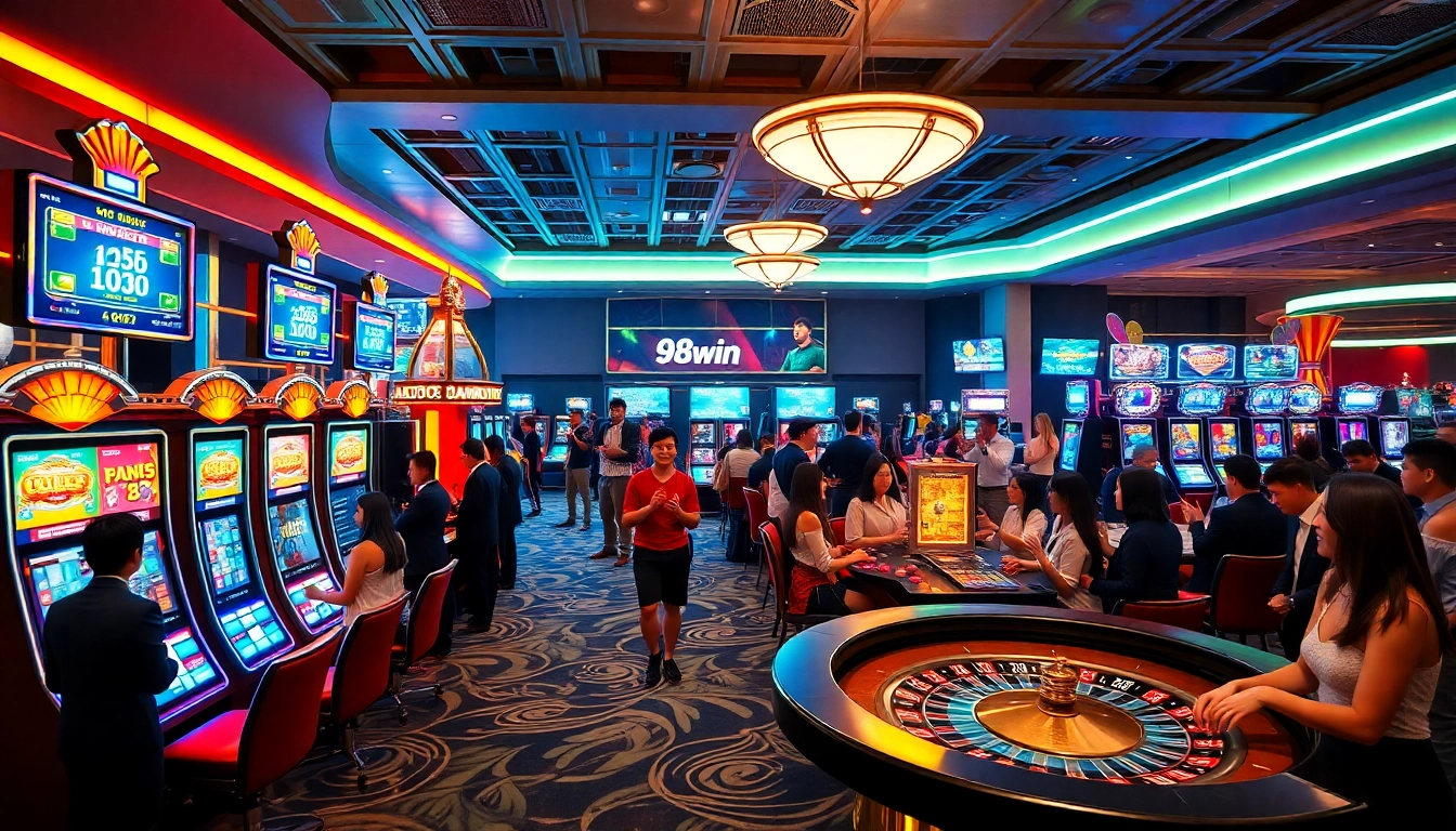 Exciting gaming atmosphere at 98win casino with vibrant slots and happy players.