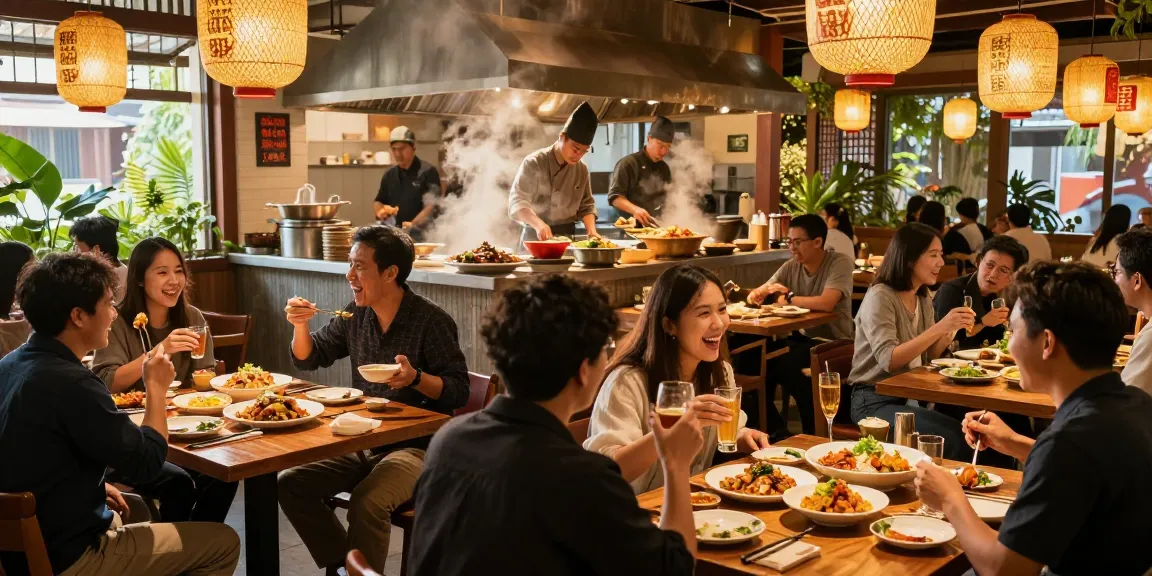 Diners enjoying delicious Asian fusion dishes at RED88 restaurant with vibrant decor and lively atmosphere.