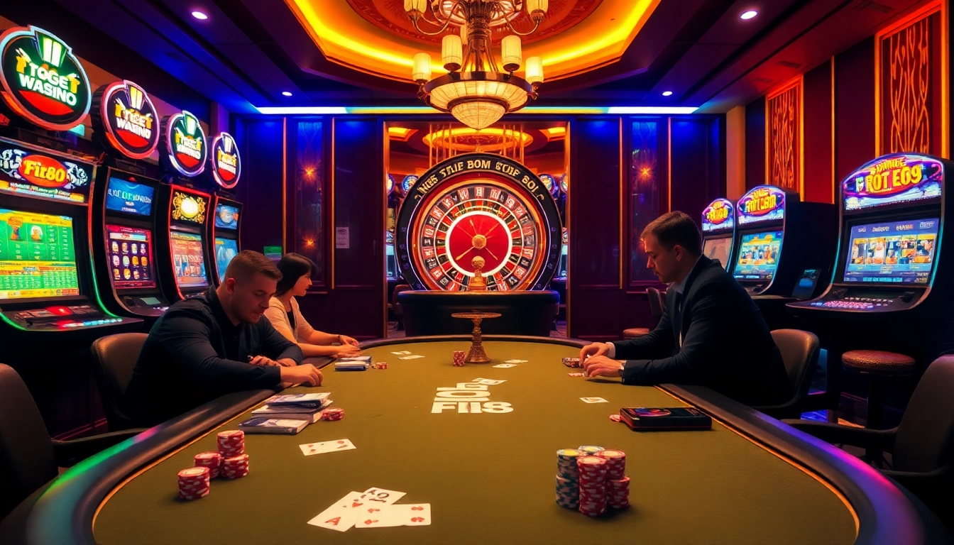 Players enjoying a thrilling game at Trang chủ Fi88 casino with vibrant tables and exciting slot machines.