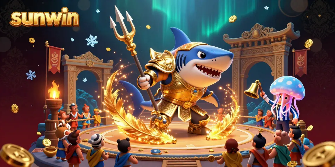 Engage with sunwin's thrilling underwater gambling scene featuring a tiger shark in gladiator armor.