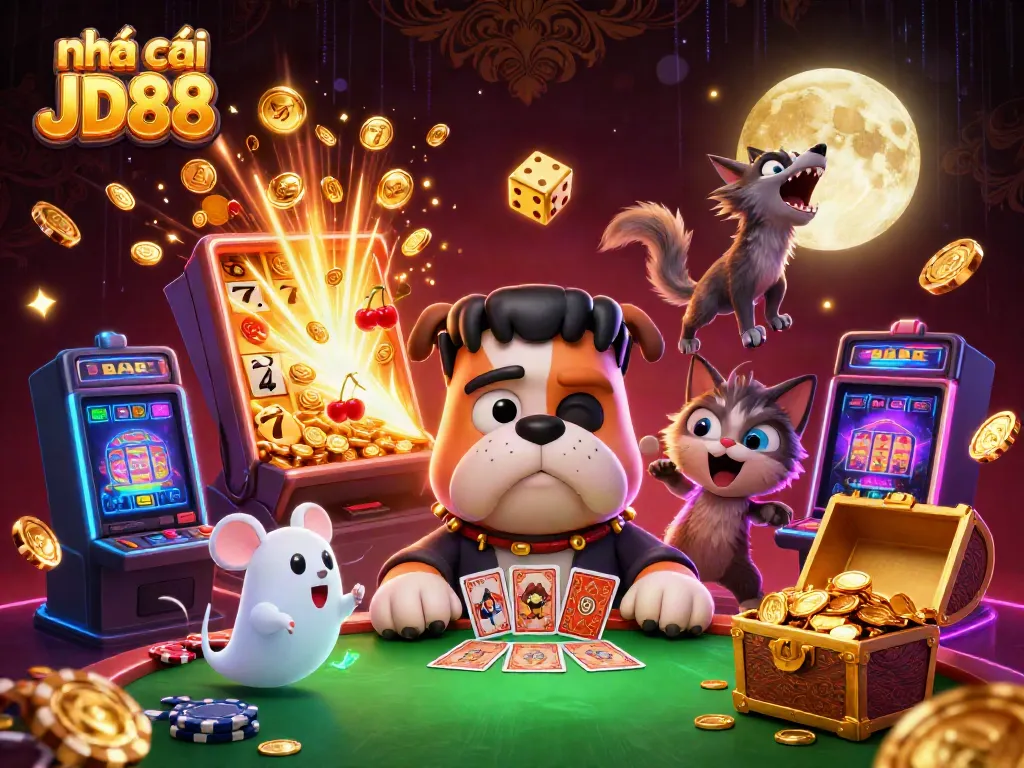 Engaging scene of nhà cái JD88 with animated characters and casino elements celebrating a jackpot win.