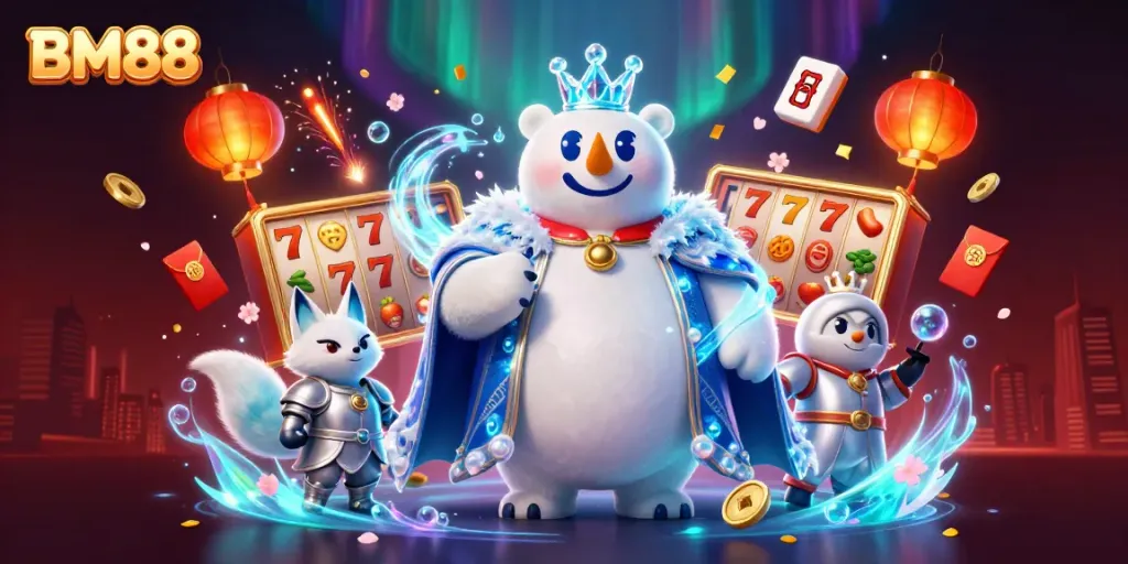 Engage in thrilling casino adventures with BM88’s captivating 3D polar bear in a dazzling crown.