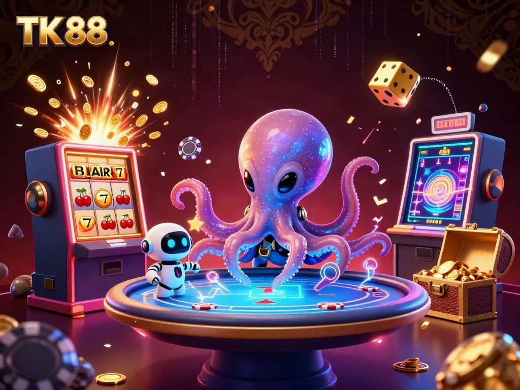 Experience thrilling gameplay at TK 88 with a dynamic 3D casino scene featuring an alien octopus and vibrant slot machine.