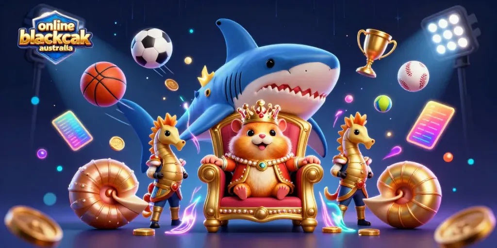 Experience online blackjack Australia with a fierce golden hamster king in a vibrant 3D casino scene.