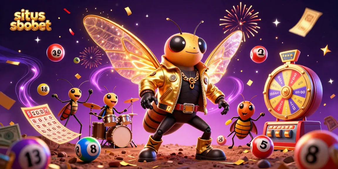Situs sbobet showcases a vibrant rock star scene filled with lottery balls, bingo cards, and golden tickets.