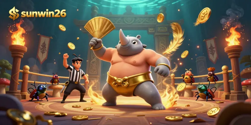 Engage in thrilling gameplay at sunwin26 with a lively 3D scene showcasing a sumo champion beetle amidst gold coins in a vibrant casino atmosphere.