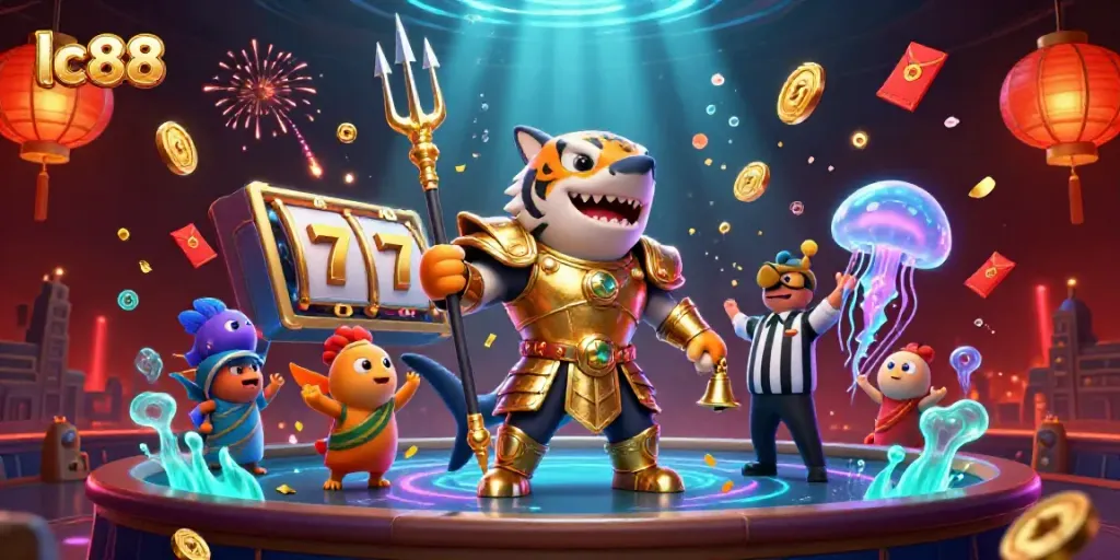 Engage with lc88's colorful underwater casino scene featuring a golden shark in gladiator armor.