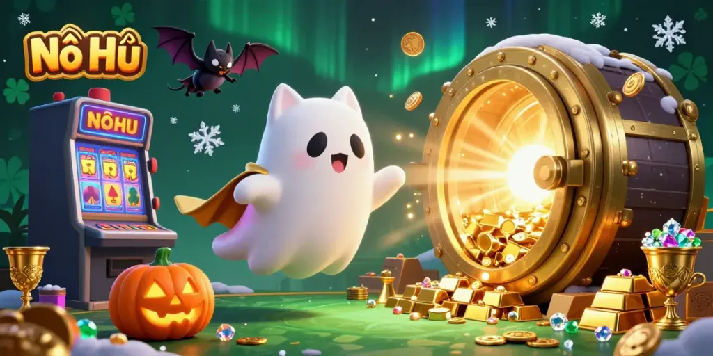 Experience the thrill of Nổ Hũ with a friendly ghost cat and vampire bat exploring a vibrant casino atmosphere.