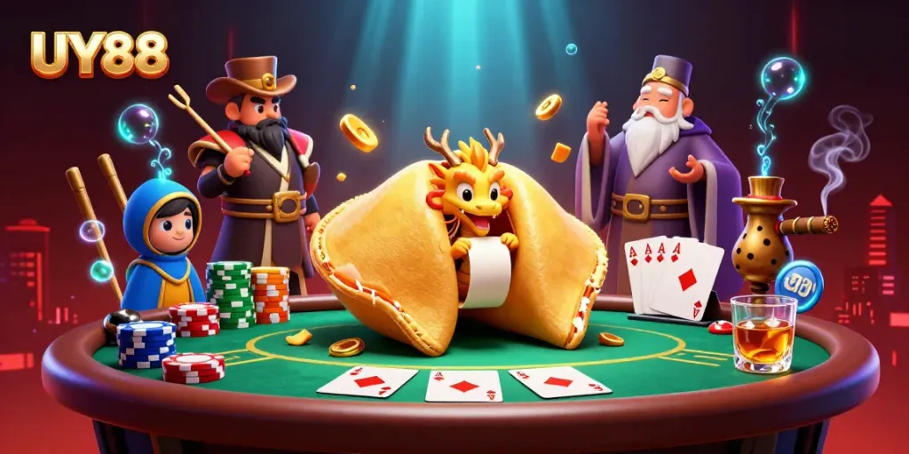 Experience the thrill of UY88 with cartoon fortune characters at a lively poker scene.