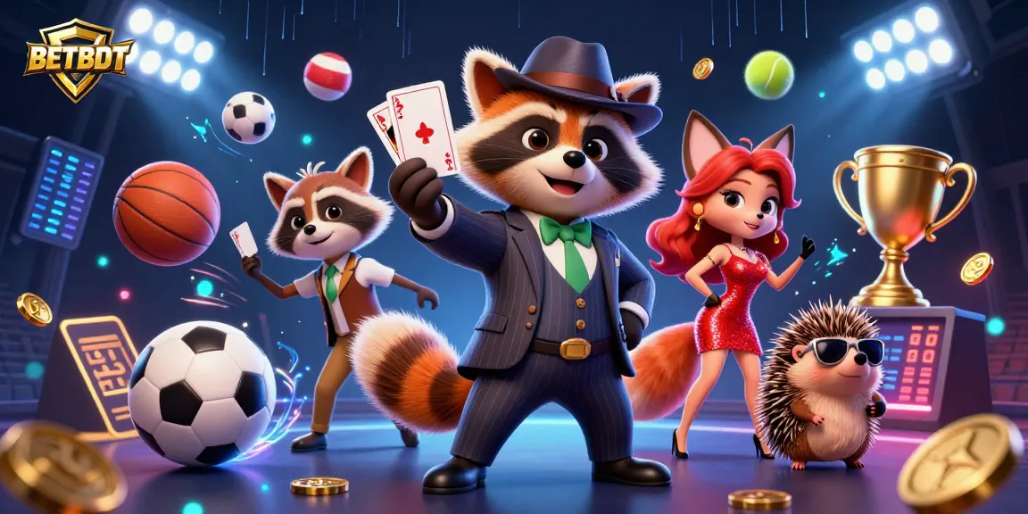BETBDT promotes exciting gameplay with a suave raccoon, charming fox, and hedgehog in an engaging casino scene.
