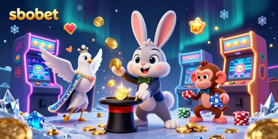 Join sbobet sports betting with a thrilling illustration of a magician rabbit, dove, and monkey amidst vibrant casino elements.