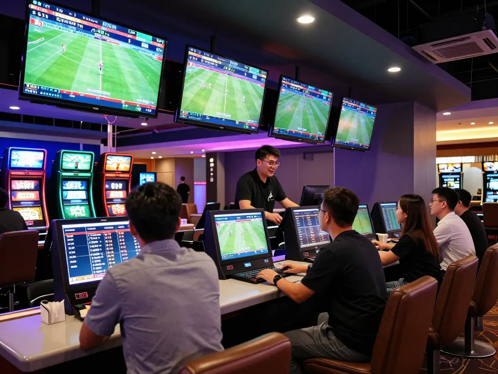 Excited bettors engaging with Lucky88 sports betting screens in a modern casino.