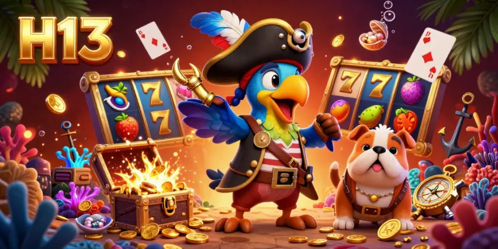 Engage with H13's vibrant pirate-themed casino adventure featuring dynamic game elements and colorful characters.