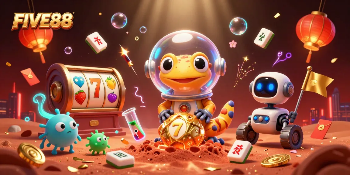Join the Martian gecko at FIVE88 for golden slot adventures amidst cheering alien bacteria!