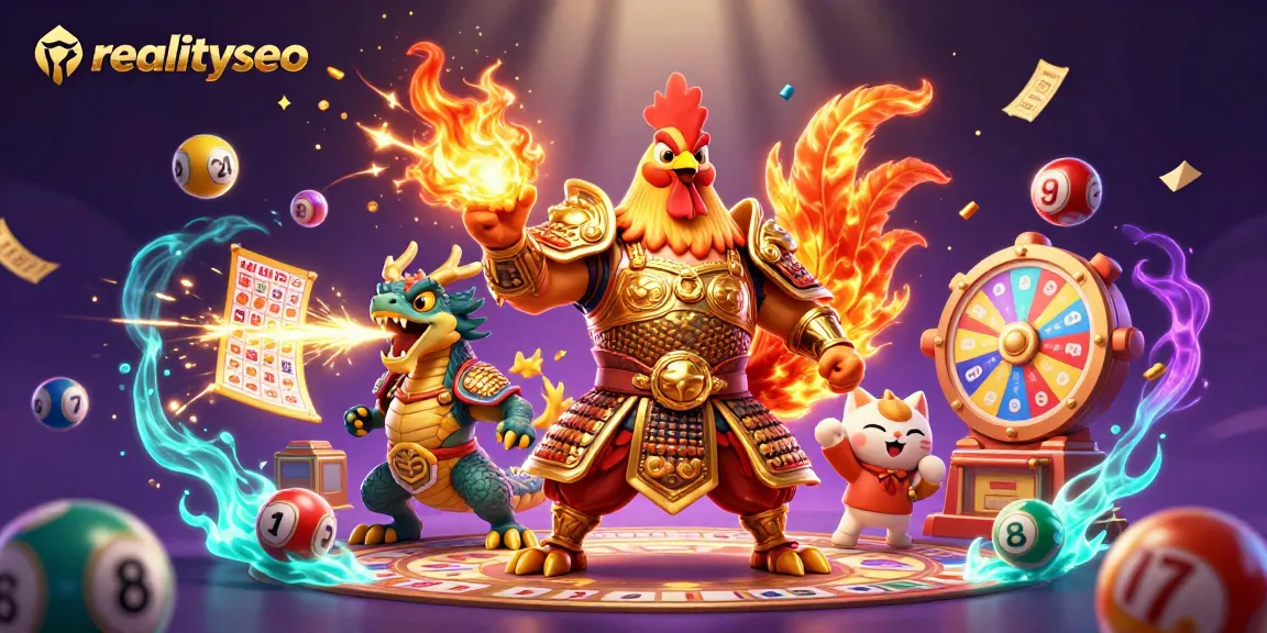 Experience thrilling gaming adventures with realityseo featuring a fighting rooster, dragon hatchling, and vibrant lottery elements.