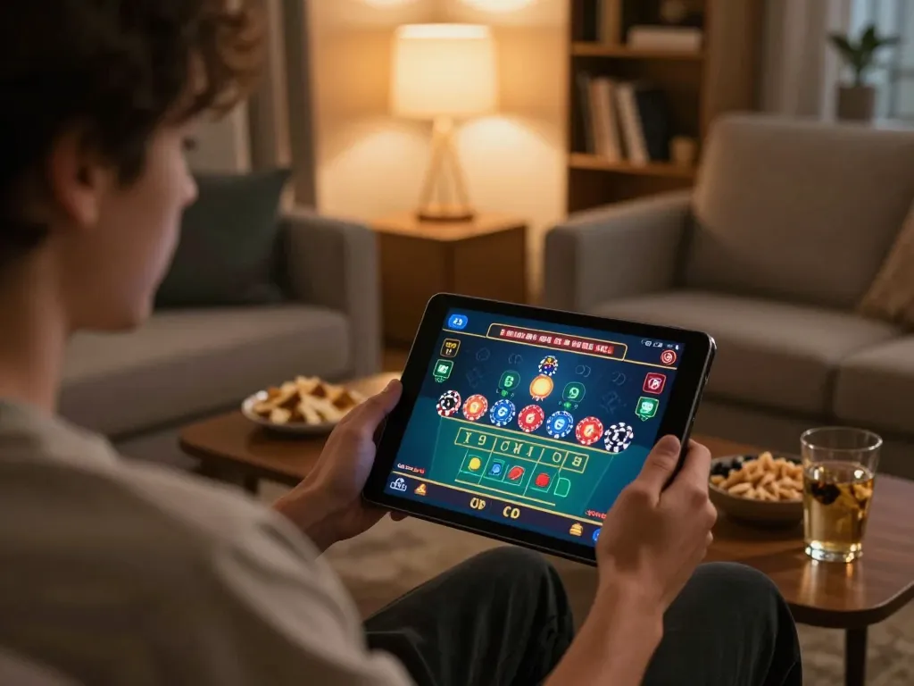 Kuwin24 player engaging in live casino baccarat on tablet screen in a cozy living room.